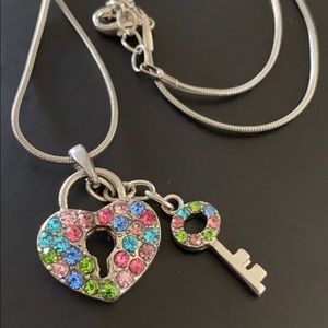 Multicolored heart lock and key necklace